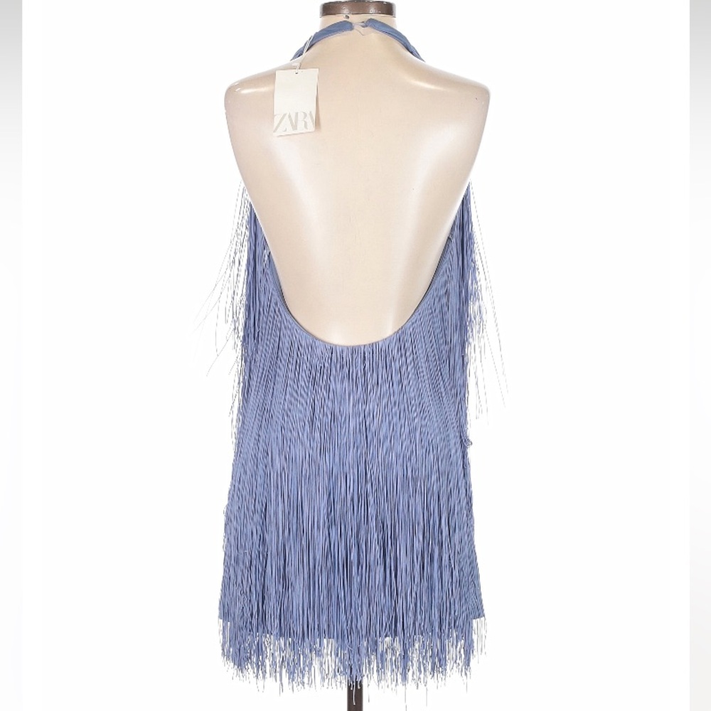 ZARA Blue Fringe Halter Mini Dress NWT - Picture 10 of 15
